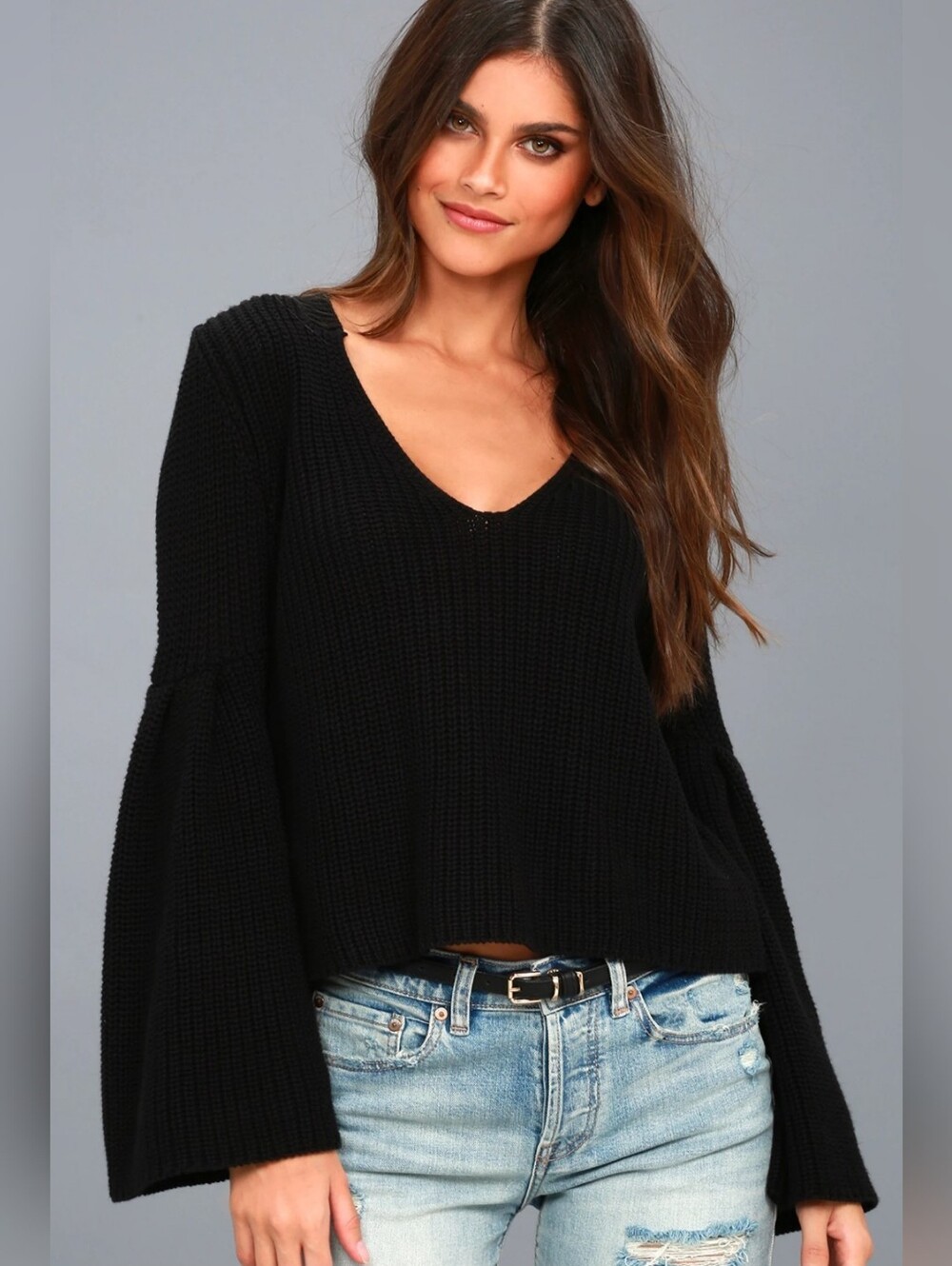 Free People Black Damsel Black Bell Sleeve Knit Sweater